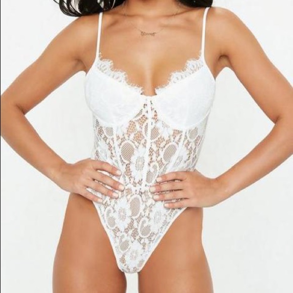 Tall White Strappy Non-Wired Lace Panel Bodysuit